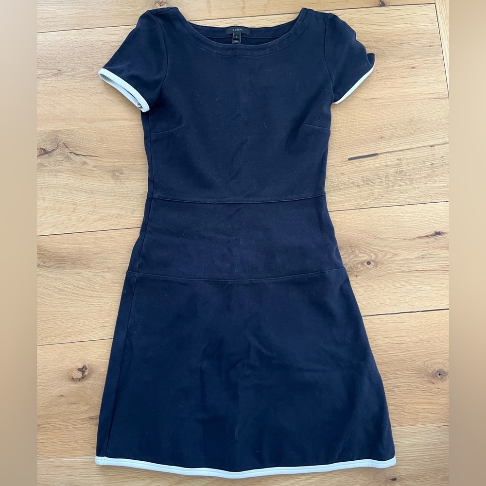 J. Crew Navy Short-Sleeve Mini Dress with White Cuff Trim